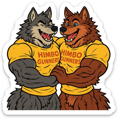 two extremely muscular wolf furries with exaggerated and highly detailed muscles, wearing t-shirts that say 'Himbo gunners', hugging each other, friendly and joyful expressions, very detailed fur and anatomy, high quality sticker