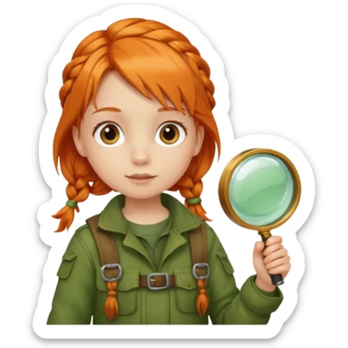 braid orange haired girl kid in moss green explorer outfit, holding magnifying glass sticker