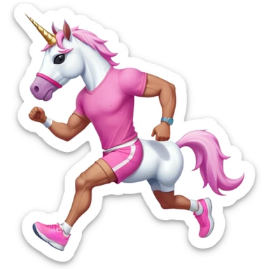 full body friendly anthropomorphised masculine unicorn with white horse-like face, muscular build, wearing pink t-shirt, shorts, trainers, dark sunglasses, running sticker