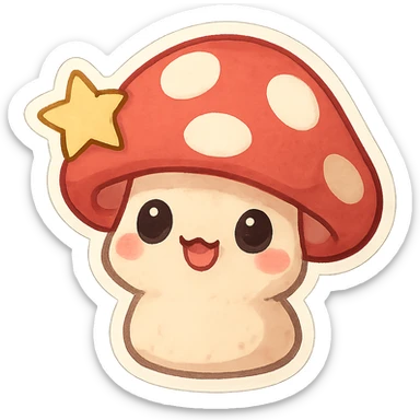 chibi sticker-style mushroom with a star accent, cute and exaggerated sticker