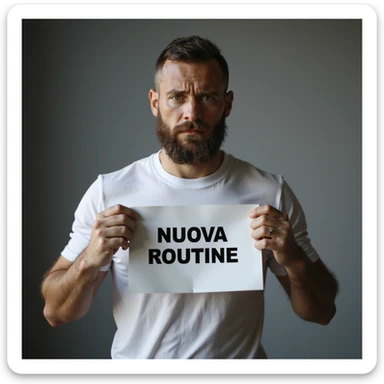 hyperrealistic 4K image of a sporty man with a sad expression, holding a sheet with the text 'NUOVA ROUTINE', no background sticker