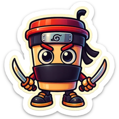 Turn this ninja coffee cup character into a cute and bold emoji style with transparent background, preserving the character's charm and boldness. sticker