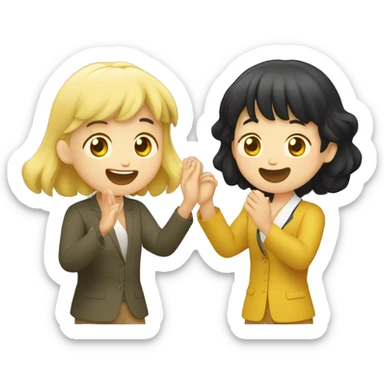 A yellow-haired foreigner and a black-haired Korean clap their hands laughing while speaking in English sticker