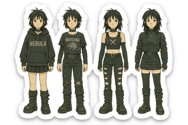 outfit designs for a VTUBER OC. The style is mixed 90's grunge, punk, lots of black and white in the color scheme, futuristic aesthetic. Clothing has small rips and tears from wear, logos and designs are faded. Garage, Shoegaze, postmodern style. character design concept art outfits for a female. [[FUTUREPUNK CYBERGOTH]] front on view, not 3/4 angle or any angle, perfect front sticker