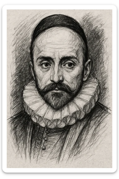 a hand drawn black outline portrait of philosopher Montaigne with similar-sized eyes based a famous portrait of him sticker