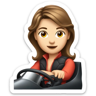 Pretty woman with medium length brown hair in a racing car sticker
