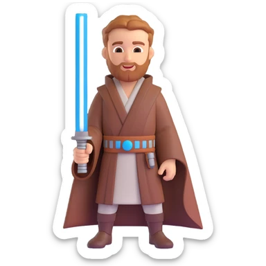 Obi-Wan Kenobi from Star Wars, 3D emoji style, holding a lightsaber, friendly expression sticker