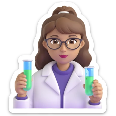 middle-aged science teacher, light brown hair in ponytail with bangs, brown eyes, holding a test tube with bubbling liquid sticker