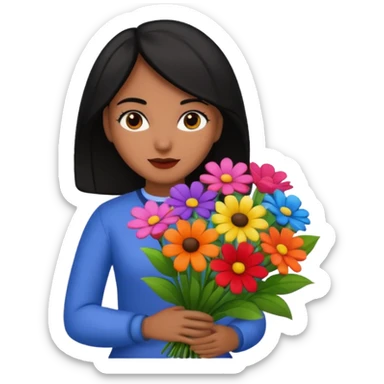black hair woman with big bouquet of flowers sticker