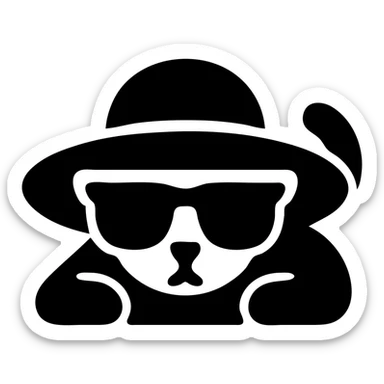 a cat in a summer panama hat with large brim, wearing sunglasses, lying on its stomach with its head resting on the ground sticker