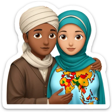 An emotional artistic illustration of an Indian man and an Afghan hijabi girl standing on the maps of India and Afghanistan, symbolically embracing despite the distance, showing love beyond borders. sticker