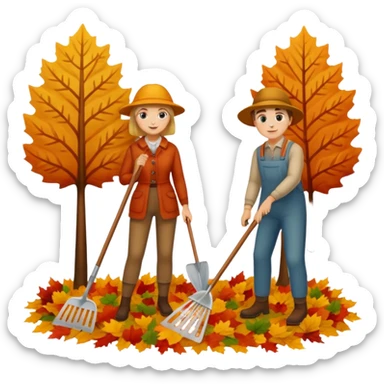 a couple man and woman racking leafs sticker