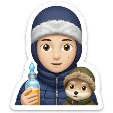 Junge mit Sturmhaube braune augen auf der rechten seite kleinen nasenpircing (glitzerstein) in der Rechten hand eine Jacky flasche und einer winterjacke mit fell an der mütze sticker