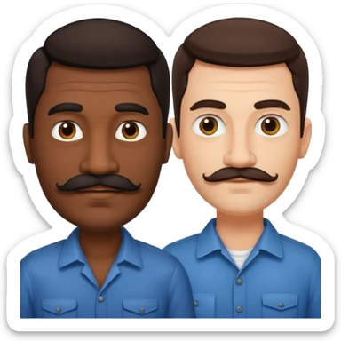 Gay couple. Tall dark indian man with mustache and shorter white man with dark brown hair and no mustache. sticker