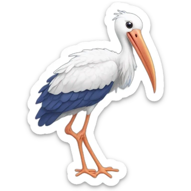  white stork with long legs and a long beak flying in the sky and carrying a blue bundle of cloth in its beak that has a cute baby face peeking out from it sticker