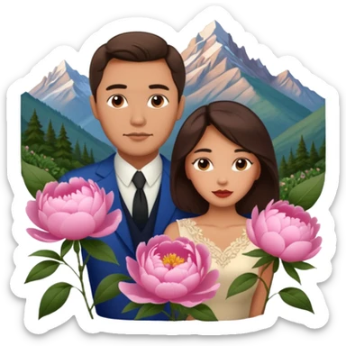 Couple traveling in Montenegro russian man and elegant  Latina girl delicate peonies and mountains in the background  sticker