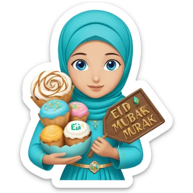 Turkish beautiful finish Konya girl blue eyes with turkis hijab islamic dress and had on her hand text Eid Mubarak with sweets and celebrating with her friends eid days   sticker