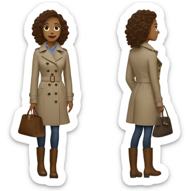 Woman with brown wavy hair and a trench coat with brown boots and a longchamp tote bag sticker