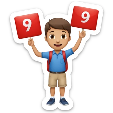 A school that has the number 9 on top of it's eyes holding a sign with the number 9 on the sign with a mouth sticking out his tongue with legs and arms with him being happy full of joy sticker