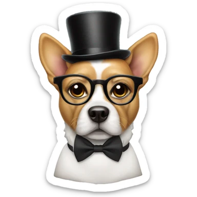 dog wearing a bow tie top hat and a spectacle sticker