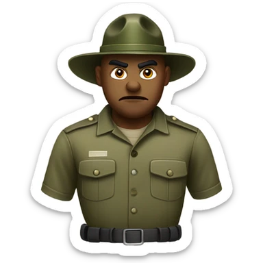 drill sergeant character wearing a classic sergeant hat and a camouflage army shirt. The character should have an angry intense expression. full torso sticker