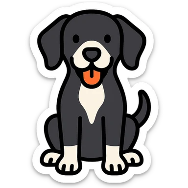 shorthaired black hound dog with white on chest, nose, and paws, full body, happy expression sticker