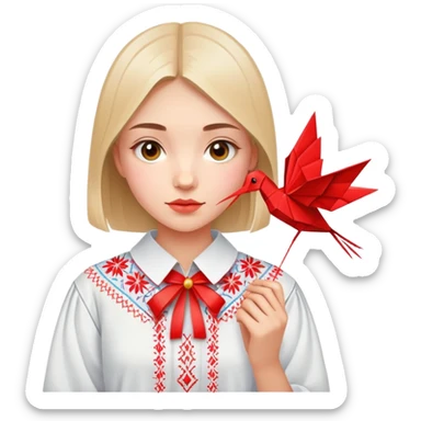 Ukrainian young girl in traditional embroidered vyshyvanka shirt holding a red origami paper crane sticker