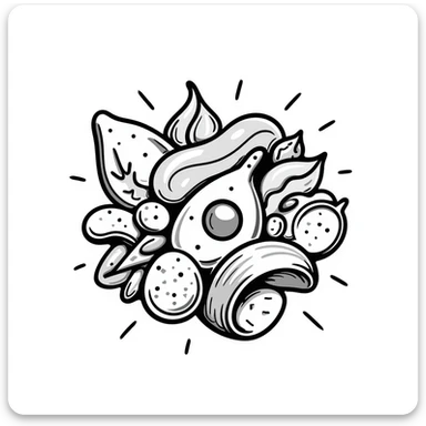 Close up of protein foods (meat, egg, beans, tofu, yogurt) connected together in a unified cluster, glowing with energy, floating in a warm light. sticker