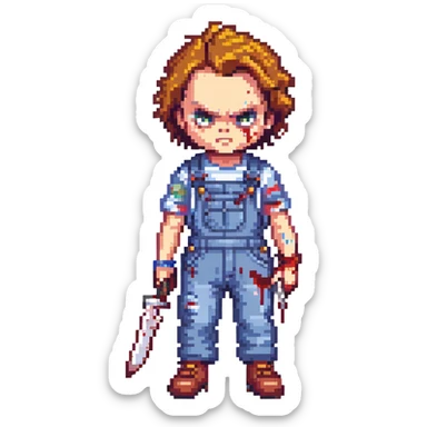 Chucky in overalls, holding a blood-stained knife, menacing pose sticker