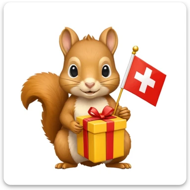 a squirrel holding a yellow gift box in one hand and a red Swiss flag in the other, both objects clearly visible, simple white background, the gift is a different color from the flag sticker