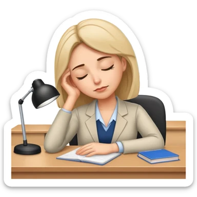 Tired woman teacher asleep at desk, classroom setting sticker