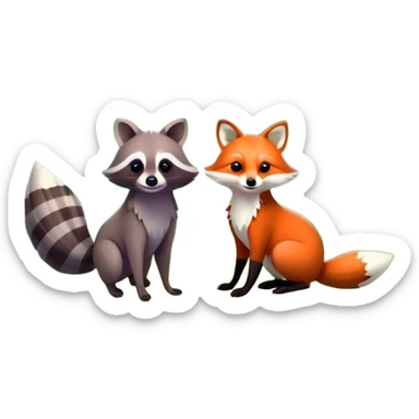 raccoon and a fox in a colorful forest with vibrant green trees, bushes and flowers. The animals are in the foreground, surrounded by a lush, bright forest, with soft sunlight filtering through the leaves. A playful and wild scene with a transparent background. sticker