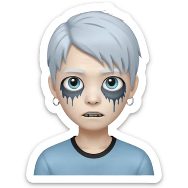 Create a 3D emoji-style avatar with very pale blue-grey zombie skin like the reference image, a young Asian face, and large eyes with white blood tears. Give it white mullet-style hair, silver hoop earrings, and a simple black T-shirt. The expression should be neutral or slightly angry sticker