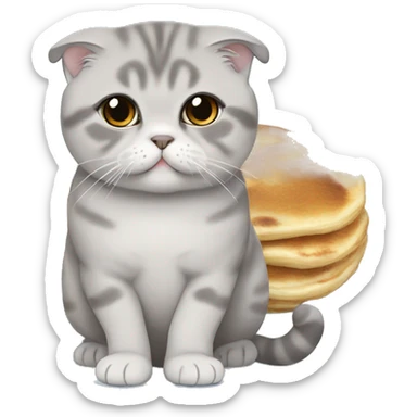 chubby grey scottish fold with blue eyes eating pancakes sticker