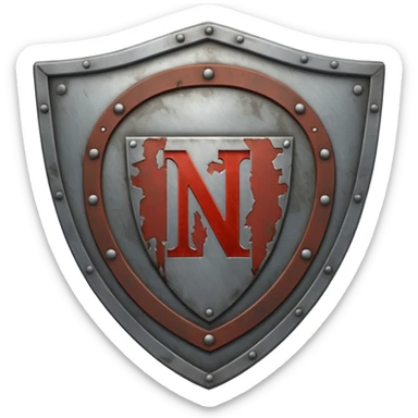 a steel shield with engraved roman letter NOVUS—looks battle worn sticker