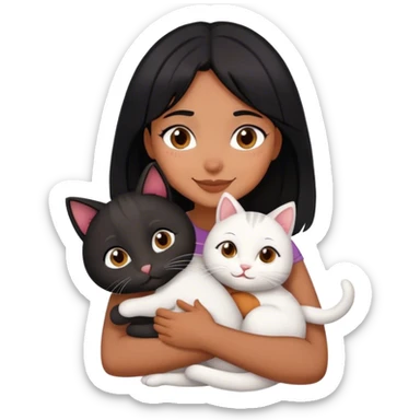 happy black haired girl hugging 3 cats  sticker