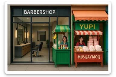 brohouse sartarosh xonasini chizib ber tashqaridan va uning yonida yupi va musqaymoq sotadigan lavkalar bulsin va sartarosh xona sal zamonaviyroq bulsin sticker