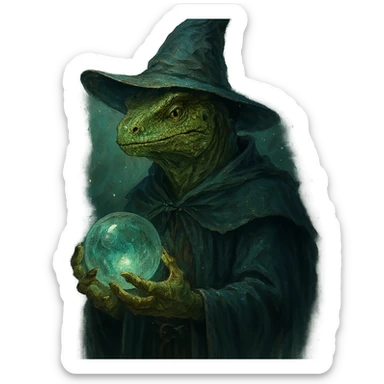 lizard man wizard, holding a crystal orb, pointed hat, enchanted atmosphere sticker