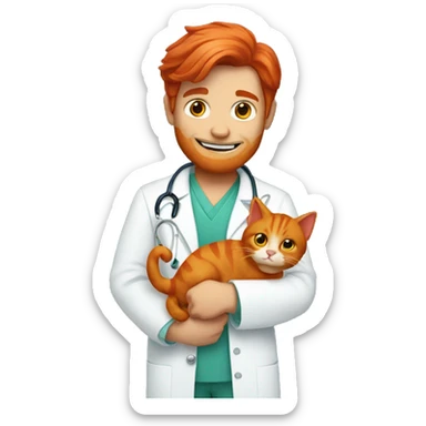 A doctor with red hair holds a red cat in his arms sticker