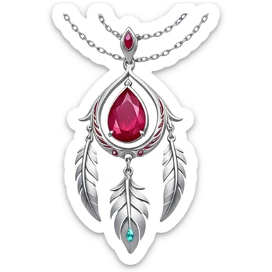cosmic phoenix talisman, teardrop ruby with feather details, radiating rebirth, floating silver chain sticker
