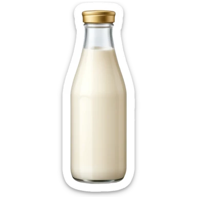 tall clear or opaque glass bottle filled with creamy white liquid, sealed with simple cap, soft natural shape, faint label hinting goat origin, no text or branding, milk richer tone than cow's milk, soft lighting, subtle shadows, emoji scale sticker