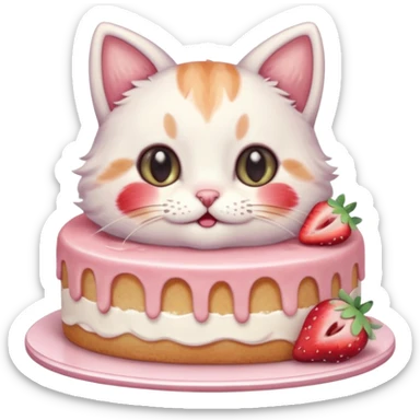 A cute cat happily eating a slice of strawberry cake, pastel color palette, soft shading, big sparkling eyes, kawaii style, highly detailed digital illustration, cozy atmosphere
, sticker