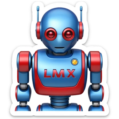 generate robot glossy, realstic, red and blue color, add text on chest "LMX" sticker