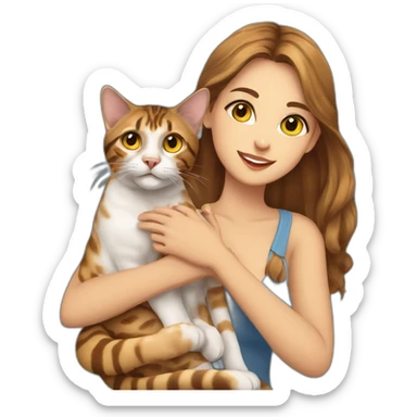a beautiful girl with blue eyes and brown hair is holding a Bengal cat with yellow eyes in her arms sticker