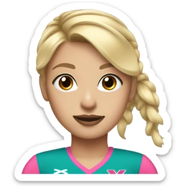 Blonde cheerleader with teal and orange uniform, brown eyes, white skin, pink lips, ponytail  sticker