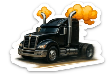 Show the black Kenworth W680 cartoon truck with bold chrome stacks and smoke, moving at high speed with dramatic motion blur, spinning wheels, and a sense of action. Fun proportions, transparent background. sticker