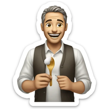 Very happy man, holding lighter under spoon, sugar in the spoon sticker