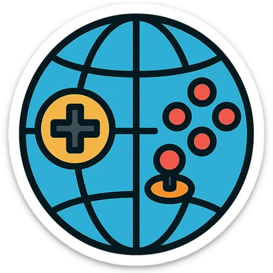 stylized globe with meridian lines integrated with gaming controller buttons and joysticks, icon sticker