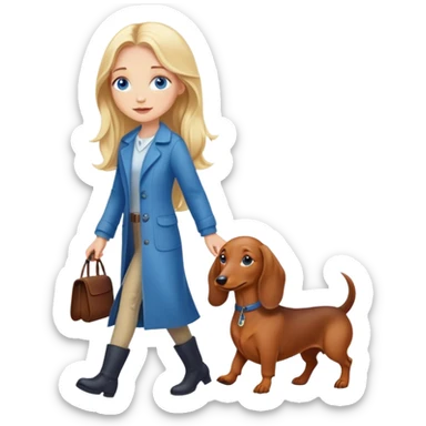 blonde girl with long hair and blue eyes walking with a dachshund sticker