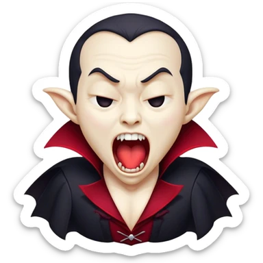 Cinematic Cute Yawning Vampire Portrait Emoji, with a small, rounded, charming pale face accented with tiny playful fangs and droopy, half-closed eyes, head tilted in an adorable wide yawn, dressed in miniature elegant dark attire with a hint of crimson, simplified yet irresistibly endearing, highly detailed with a soft, mysterious glow and gentle outline that captures the cute, drowsy side of an immortal! sticker
